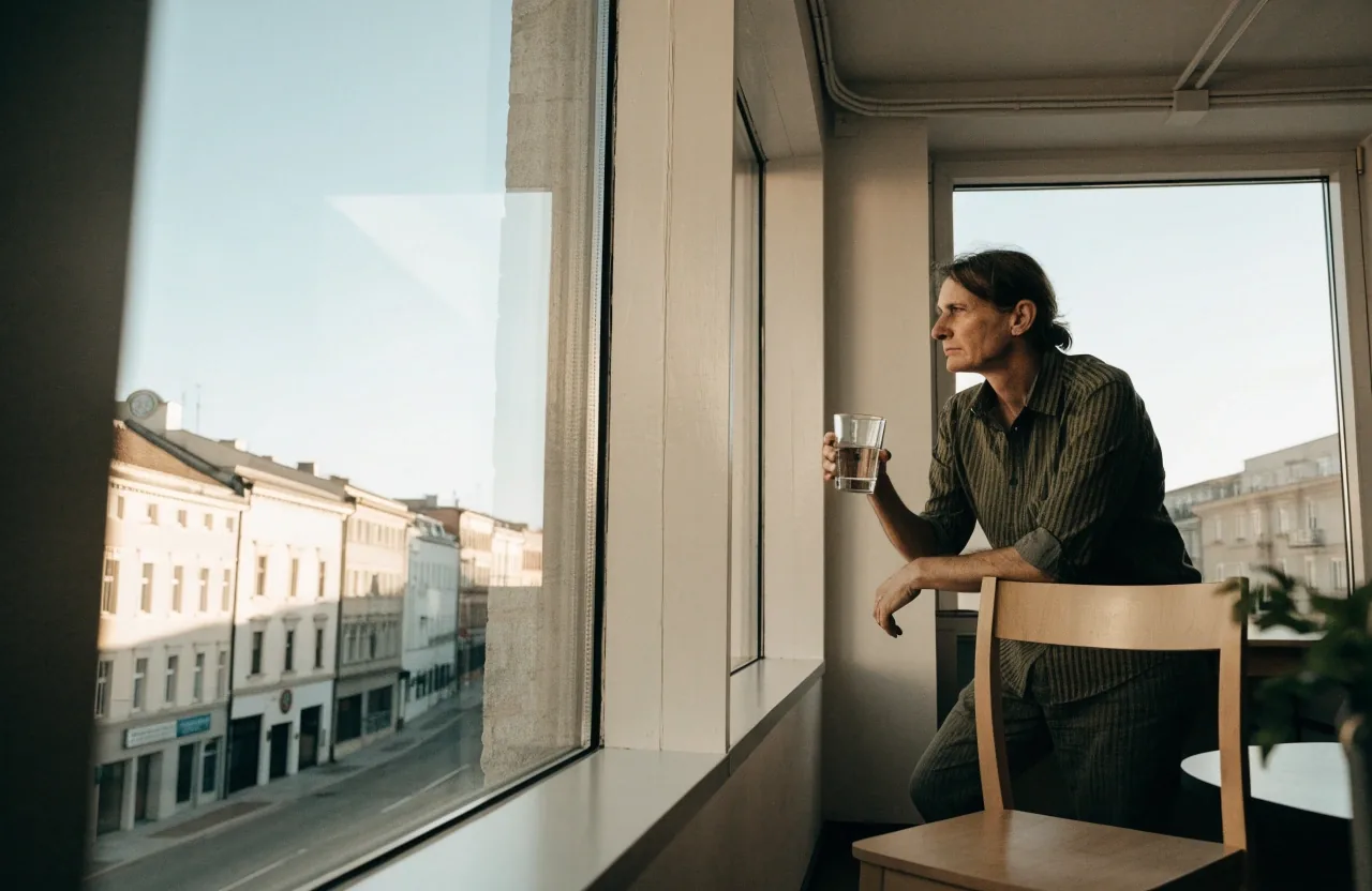 A plain office desk by a tall window in cool morning light, notebook and glass of water on the surface