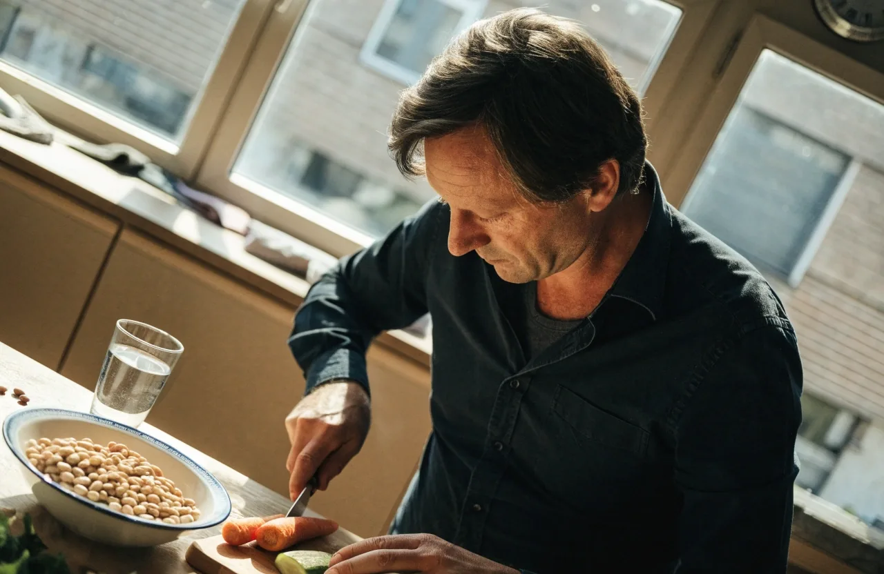 A Slovenian kitchen table in morning light with vegetables, beans, water and yogurt mid-preparation