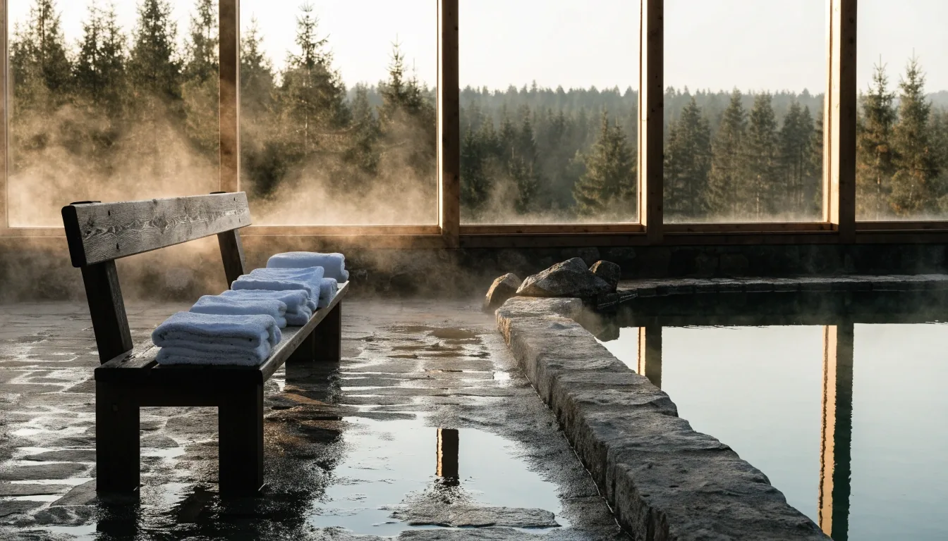 Still thermal basin water at an early Slovenian morning, steam rising under overcast light